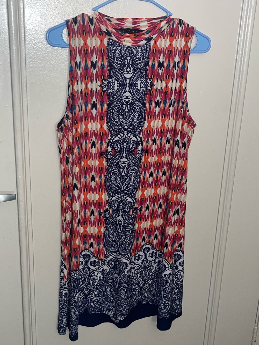 Sleeveless Ikat Print Shift Dress with Navy Medallion Panel